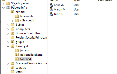 Active Directory OU-struktuur: kasutajad ja arvutid osakondade kaupa